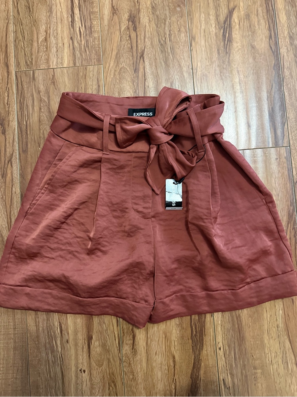 Express High-Waist Tie-Belt Shorts in Rust
